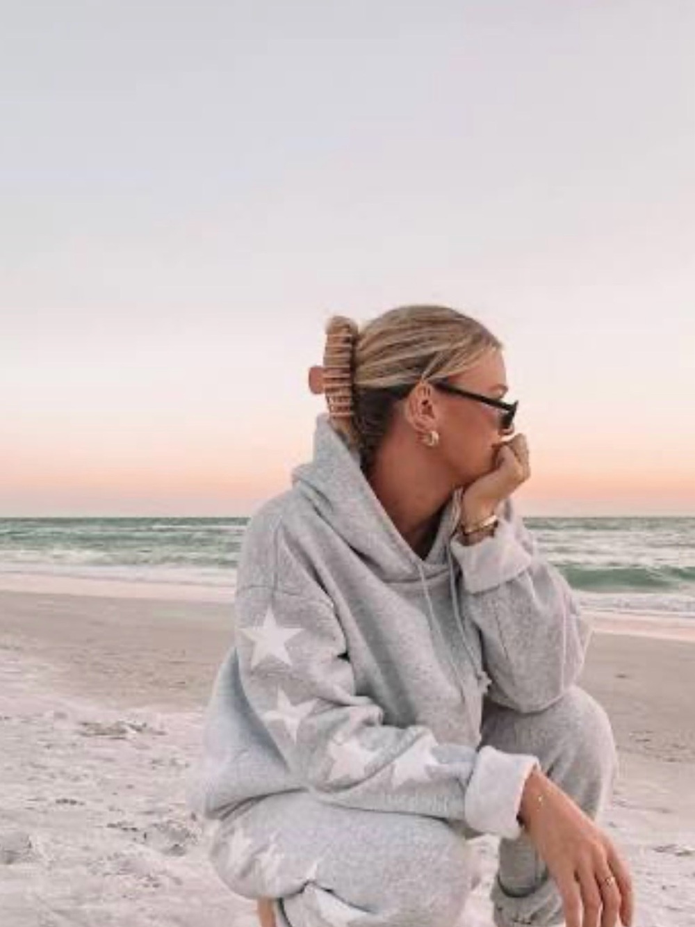 Women's Light Gray Star Sleeve Hoodie